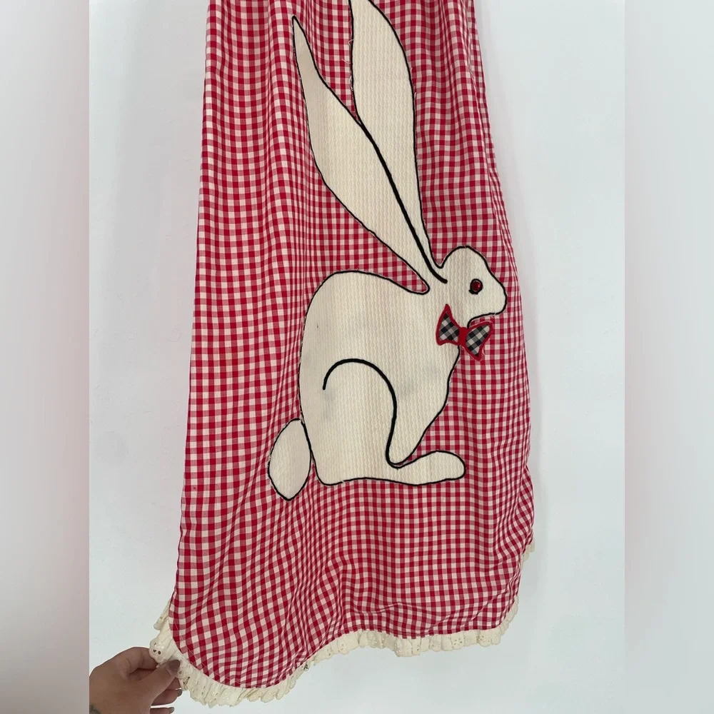 60s/70s Cottagecore Novelty Rabbit Appliqué Gingham Color-blocked Maxi Dress - Picture 11 of 14